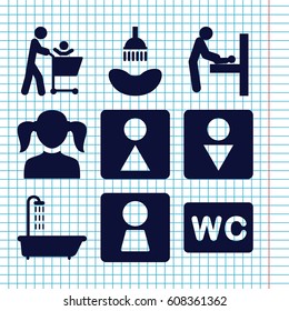 Set of 9 restroom filled icons such as woman WC, baby changing room, shower, girl, WC, Male WC, female WC