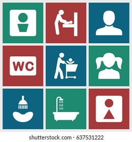 set of 9 restroom filled icons such as man wc, baby changing room, shower, man, girl, wc, female wc