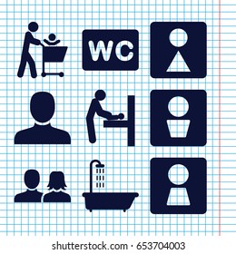 Set of 9 restroom filled icons such as man wc, woman wc, baby changing room, shower, man, man and woman