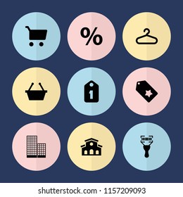 Set Of 9 Retail Filled Icons Such As Hanger, Shopping Basket, Bar Code Scanner, Shopping Cart, Percent, Building