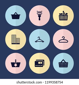 Set of 9 retail filled icons such as hanger, shopping bag, building, credit card, shopping basket