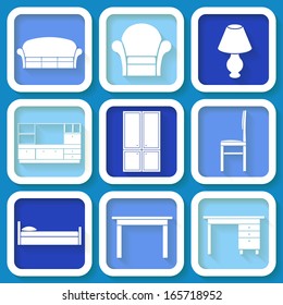 Set of 9 retro blue icons of house furniture. Eps10