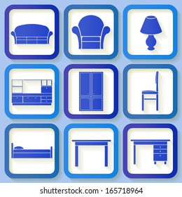 Set of 9 retro blue icons of house furniture. Eps10