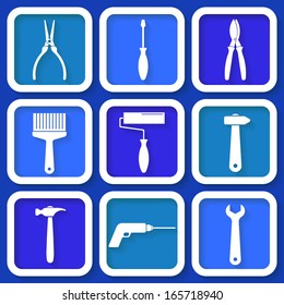 Set of 9 retro blue worker's tools. Eps10