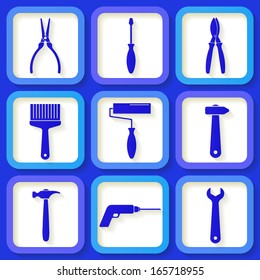Set of 9 retro blue worker's tools. Eps10