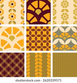 set of 9 retro and boho inspired patterns with abstract and flower shapes