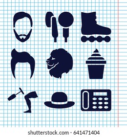 Set of 9 retro filled icons such as lion, man hairstyle, woman hat, desk phone, ice cream in can, knee hammer reaction check, microphone
