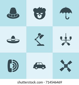 Set of 9 retro filled icons such as windmill, car, chandelier, call, table lamp, bear, hat, mexican hat