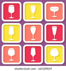 Set of 9 retro icons with different wine glasses. Eps10