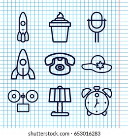 Set of 9 retro outline icons such as rocket, woman hat, ice cream in can, microphone, alarm, desk phone