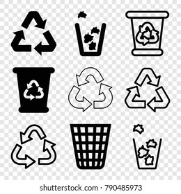 Set of 9 reuse filled and outline icons such as recycle bin, trash bin