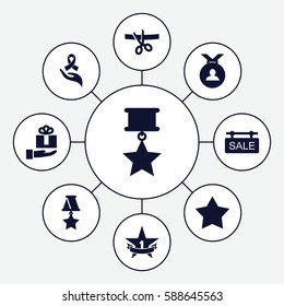 Set of 9 ribbon filled icons such as Star, medal, ribbon on hand, sale tag, 1st place star, gift on hand, medal with star