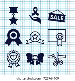 Set of 9 ribbon filled and outline icons such as bow, ribbon on hand, sale, medal with star, diploma