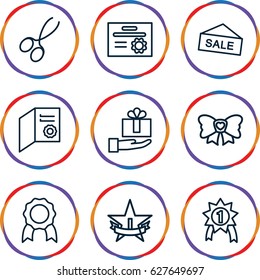 set of 9 ribbon outline icons such as manicure scissors, bow, 1st place star, diploma, medal, number 1 medal, sale