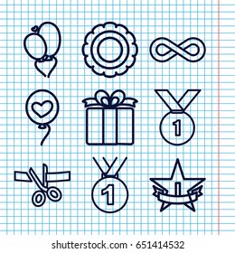 Set of 9 ribbon outline icons such as heart baloons, present, eternity, 1st place star, medal, number 1 medal, scissors and ribbon