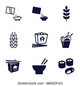 set of 9 rice filled and outline icons such as wheat, chinese fast food, asian food, cereal