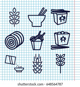Set of 9 rice outline icons such as wheat, hay, chinese fast food, asian food