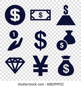 set of 9 rich filled icons such as Coin, Money, Money sack, Diamond, dollar coin, money bag, dollar, coin on hand