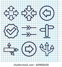 Set of 9 right outline icons such as arrow left, arrow right, direction, arrow, tick