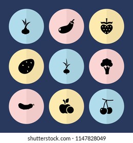 Set of 9 ripe filled icons such as potato, onion, cherry, cauliflower, eggplant, apple, cucumber