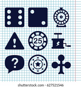 Set of 9 risk filled icons such as Clubs, 25 casino chip, Casino chip, Dice, Roulette, warning, dynamite