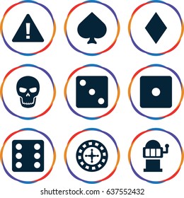 set of 9 risk filled icons such as spades, diamonds, roulette, dice, slot machine, skull