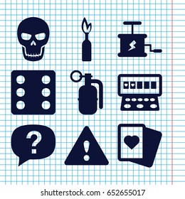 Set of 9 risk filled icons such as dice, spades, slot machine, warning, dynamite, skull