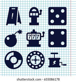 Set of 9 risk filled icons such as roulette, slot machine, dice, wet floor, lifebuoy, bomb, dynamite
