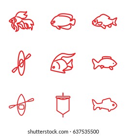 set of 9 river outline icons such as fish, rowing boat, sail