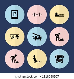 Set of 9 road filled icons such as parking, truck with hook, digging man, avenue, airport bus, kangaroo