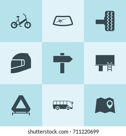 Set Of 9 Road Filled Icons Such As Tire, Car Window Repair, Car Emergency Sign, Bus, Map Location, Billboard, Signpost, Bicycle