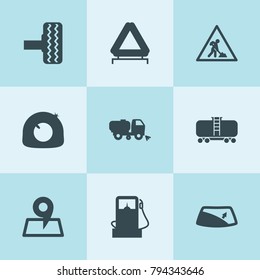 Set of 9 road filled icons such as tire repair, tire, window repair, car emergency sign, gas station, sweeper truck, cistern, road working sign