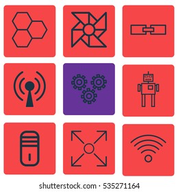 Set Of 9 Robotics Icons. Includes Radio Waves, Information Components, Wireless Communications And Other Symbols. Beautiful Design Elements.