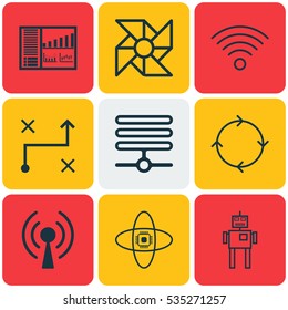 Set Of 9 Robotics Icons. Includes Wireless Communications, Atomic Cpu, Controlling Board And Other Symbols. Beautiful Design Elements.