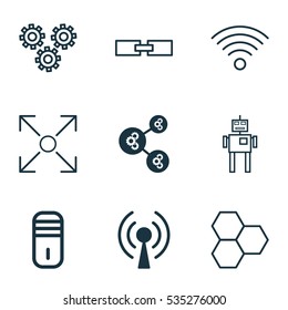 Set Of 9 Robotics Icons. Includes Mechanism Parts, Mainframe, Wireless Communications And Other Symbols. Beautiful Design Elements.