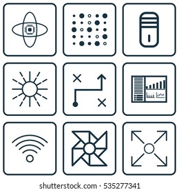 Set Of 9 Robotics Icons. Includes Lightness Mode, Atomic Cpu, Branching Program And Other Symbols. Beautiful Design Elements.