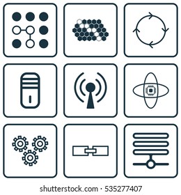 Set Of 9 Robotics Icons. Includes Information Base, Atomic Cpu, Hive Pattern And Other Symbols. Beautiful Design Elements.