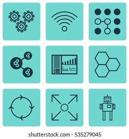 Set Of 9 Robotics Icons. Includes Branching Program, Computing Problems, Recurring Program And Other Symbols. Beautiful Design Elements.