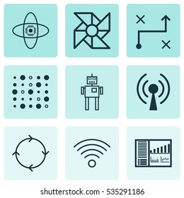 Set Of 9 Robotics Icons. Includes Radio Waves, Variable Architecture, Cyborg And Other Symbols. Beautiful Design Elements.
