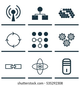Set Of 9 Robotics Icons. Includes Radio Waves, Related Information, Mainframe And Other Symbols. Beautiful Design Elements.