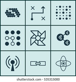 Set Of 9 Robotics Icons. Includes Hive Pattern, Radio Waves, Variable Architecture And Other Symbols. Beautiful Design Elements.