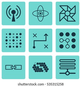 Set Of 9 Robotics Icons. Includes Related Information, Laptop Ventilator, Atomic Cpu And Other Symbols. Beautiful Design Elements.