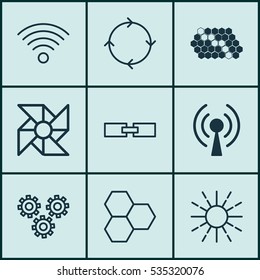 Set Of 9 Robotics Icons. Includes Information Components, Lightness Mode, Hive Pattern And Other Symbols. Beautiful Design Elements.