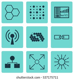 Set Of 9 Robotics Icons. Includes Radio Waves, Variable Architecture, Controlling Board And Other Symbols. Beautiful Design Elements.