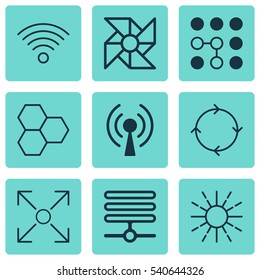 Set Of 9 Robotics Icons. Includes Lightness Mode, Information Base, Radio Waves And Other Symbols. Beautiful Design Elements.