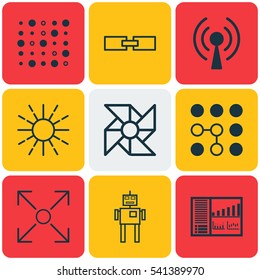 Set Of 9 Robotics Icons. Includes Branching Program, Controlling Board, Laptop Ventilator And Other Symbols. Beautiful Design Elements.