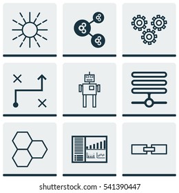 Set Of 9 Robotics Icons. Includes Algorithm Illustration, Mechanism Parts, Related Information And Other Symbols. Beautiful Design Elements.