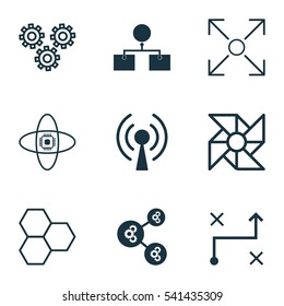 Set Of 9 Robotics Icons. Includes Radio Waves, Analysis Diagram, Solution And Other Symbols. Beautiful Design Elements.