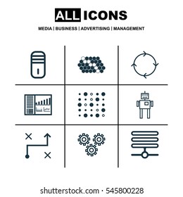 Set Of 9 Robotics Icons. Includes Solution, Information Base, Controlling Board And Other Symbols. Beautiful Design Elements.