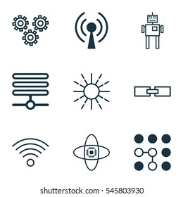 Set Of 9 Robotics Icons. Includes Radio Waves, Related Information, Atomic Cpu And Other Symbols. Beautiful Design Elements.
